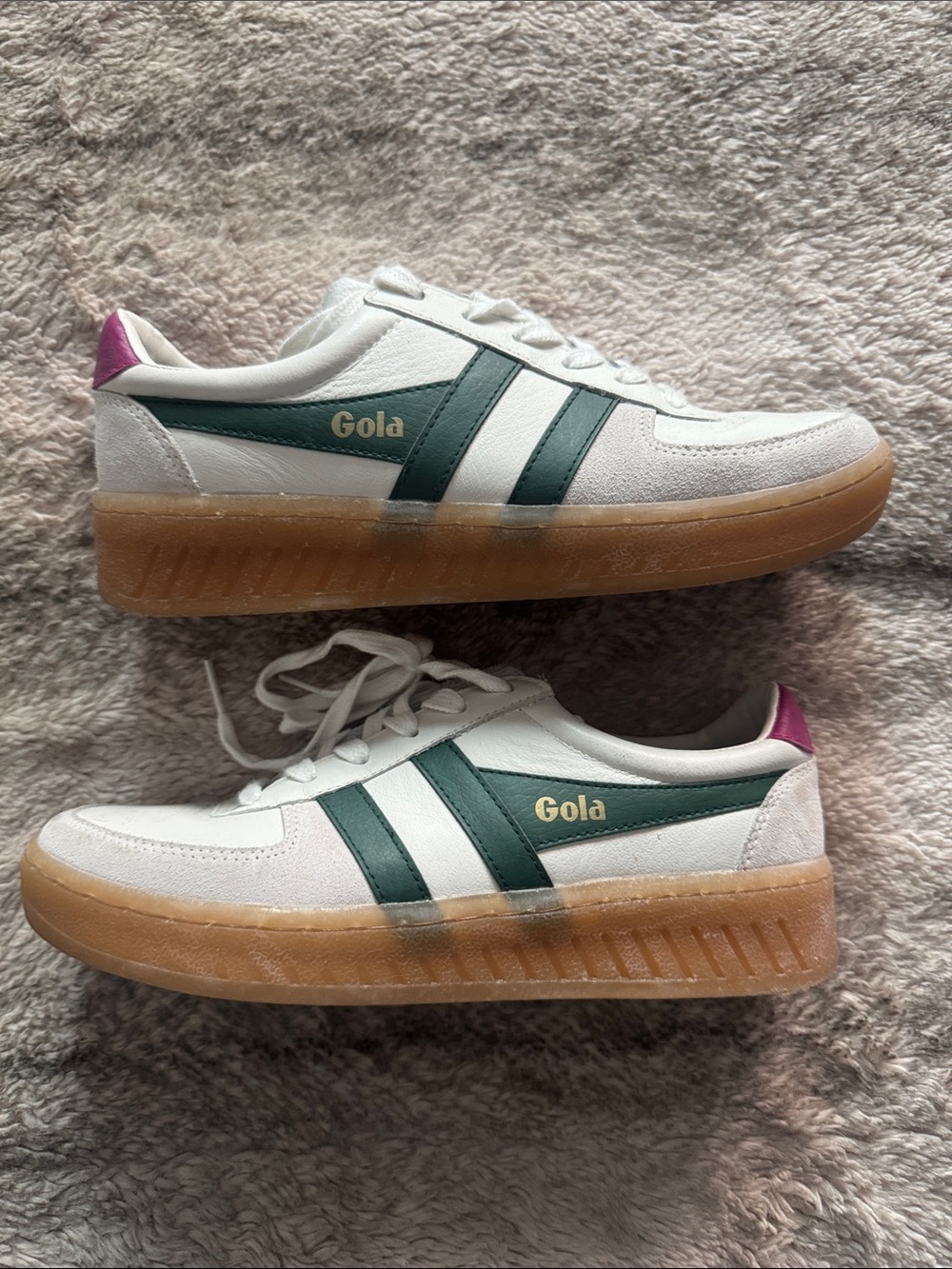 Gola White Sneakers with Green Stripes and Pink Heel - Picture 2 of 5